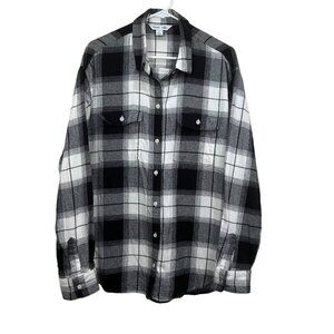 OLD NAVY Women SZ L TALL THE BOYFRIEND SHIRT Black-W Plaid Flannel Button Down